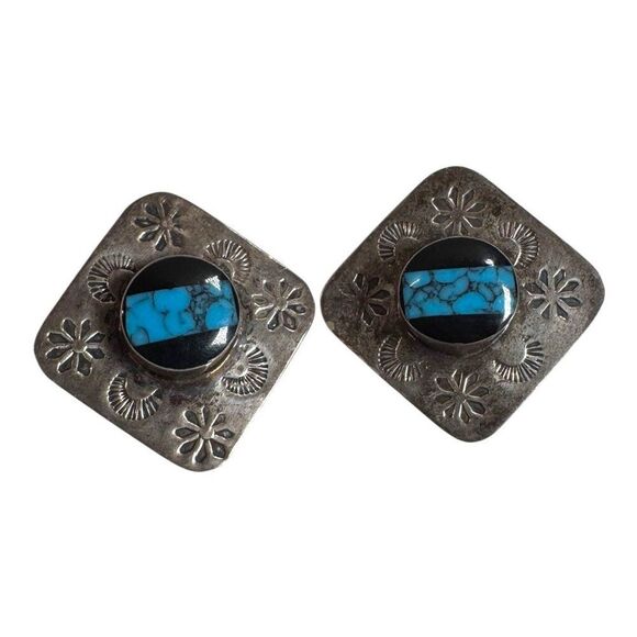 Vintage Silver Clip-On Earrings Mexico Turquoise Onyx Inlay Square Southwest - Picture 1 of 6